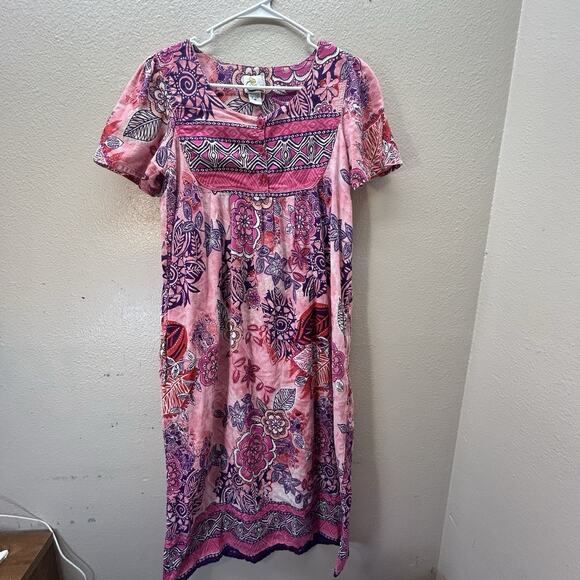 Daffodil Muumuu Kaftan Womens Pink Boho Floral House Dress India 100% Cotton - Picture 1 of 8